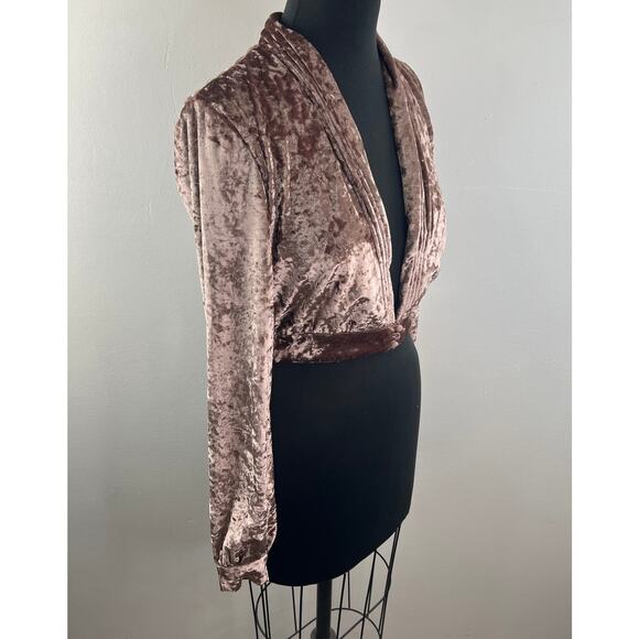 Lovers + Friends Brown Floyd Velvet Top Deep V-Neck Cropped Long Sleeve Size S - Picture 3 of 8